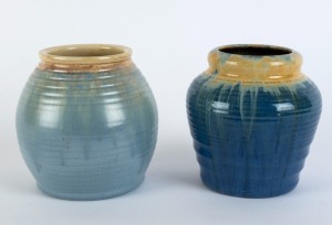 REMUED two blue glazed pottery vases, both incised "Remued", the larger 14.5cm high