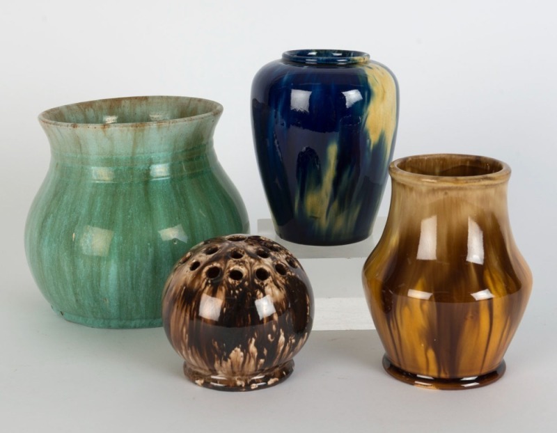 JOHN CAMPBELL green glazed pottery vase and a brown glazed flower aid, together with two McHUGH pottery vases, (4 items), ​​​​​​​the largest 14cm high