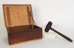 An Australian cedar and kauri pine box together with an antique timber gavel, 19th century. Note ownership inscription "Charles Frederick Towns, Dempsey Island",  ​​​​​​​the box 30.5cm wide