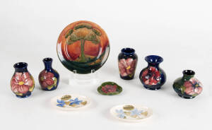 MOORCROFT: Group comprising "Hazeldene" plate (16.5cm); "Anemone" vase (9.5cm); 4 x "Clematis" vases (7-9cm) & 3 x pin dishes.