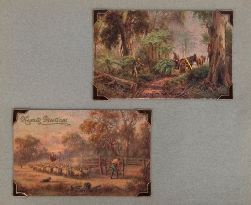 A small album featuring mainly Australian subjects including J.A. Turner artist cards, L.H. Davey Tasmania cards, Charles Young Lorne scenes, etc. (50).