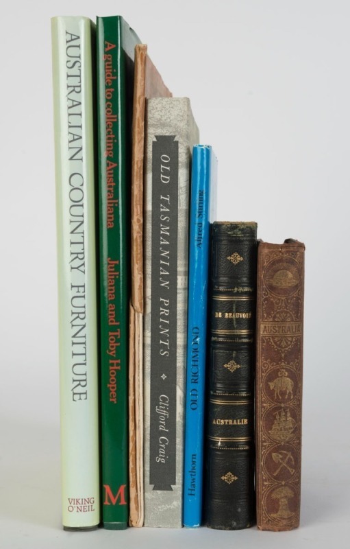 AUSTRALIA: A diverse group of books including "Australia; A Popular Account...." by George French Angas [1865]; "Australie : Voyage Autour du Monde..." by De Beauvoir [Paris, 1870]; "The Search for the Golden Boomerang" by Bingham [1941]; "Old Tasmanian P