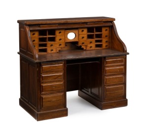 A salesman's sample Cutler style roll-top miniature desk, circa 1900, 52cm high, 59cm wide, 31cm deep