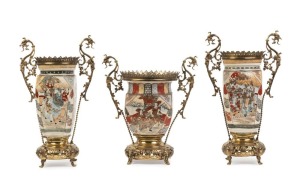 An antique Satsuma three piece garniture set with French gilt metal mounts, 19th century, the largest 45cm high