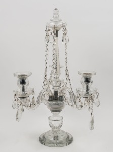A Bohemian crystal three branch candelabra centrepiece, 20th century, 55cm high