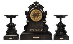 An antique French three piece clock set with open escapement, time and strike movement, Arabic numerals and black slate case, accompanied by matching garnitures, 19th century, the clock 53cm high