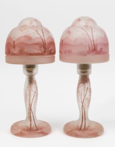 A pair of frosted glass table lamps and shade with hand-painted lake scene landscapes, circa 1930s, 31cm high