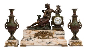 An antique French three piece figural mantle clock, patinated cast metal and marble with eight day time and strike movement, Arabic numerals and urn garnitures, late 19th century, 48cm high