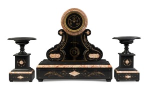 An antique three piece French clock set in black slate and marble case, eight day time and strike movement and open escapement, accompanied by urn garnitures, 19th century, 52cm high