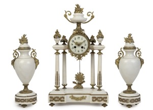 An antique French three piece clock set in white Carrara marble and gilt bronze case, eight day time and strike movement with Arabic numerals and urn garnitures, 19th century, 56cm high