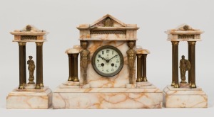 An antique French three piece marble clock set with Palladium top, gilt metal colonnades and figural garnitures, eight day time and strike movement with Arabic numerals, 19th century, 35cm high