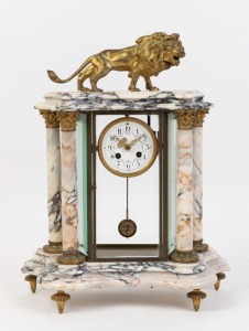 An antique French four glass library clock in variegated marble case with gilt metal capitals and figural lion top, eight day time and strike movement with Roman numerals, 19th century, 50cm high
