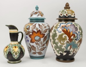 GOUDA Dutch ceramic jug and two urns, 20th century, (3 items). factory marks to bases, the largest 39cm high
