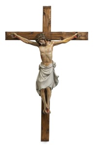 A vintage Corpus Christi wall mounted crucifix, carved wood and polychrome baked plaster, 20th century, 96cm high