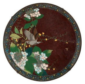 An antique Chinese cloisonné plaque, Qing Dynasty, 19th century,  ​​​​​​​30.5cm diameter 