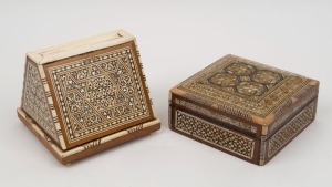 A Damascus ware jewellery box and cigarette dispensing box, wood bone and mother of pearl inlay, 20th century, (2 items), the larger 12.5cm wide