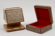 A Damascus ware jewellery box and cigarette dispensing box, wood bone and mother of pearl inlay, 20th century, (2 items), the larger 12.5cm wide - 2
