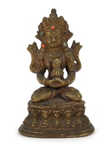 A Sino-Tibetan cast bronze seated Vajrasattva statue, set with coral and turquoise, 19th century or earlier, 13.5cm high 