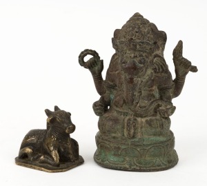 Antique Indian cast bronze Ganesh statue and sacred cow statue, 19th century (2 items), the larger 13.5cm high