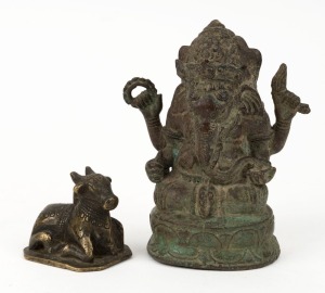 Antique Indian cast bronze Ganesh statue and sacred cow statue, 19th century (2 items), the larger 13.5cm high 