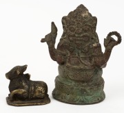 Antique Indian cast bronze Ganesh statue and sacred cow statue, 19th century (2 items), the larger 13.5cm high  - 2