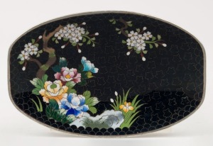 A Japanese cloisonné dish with floral decoration, seal mark to base, 15.5cm wide