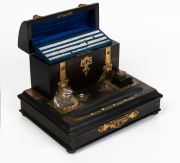 An antique English desk set compendium in the high gothic style, zebra wood and gilt metal with cabochon stones, 19th century,  ​​​​​​​24cm high, 30cm wide, 24cm deep  - 2