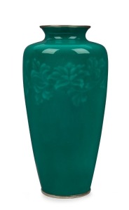 ANDO Japanese jade green cloisonné vase with silver rim, 20th century, seal mark to base, 24cm high