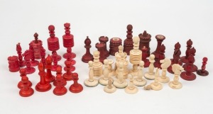 Assorted antique turned and carved whale bone chess pieces, 19th century,  the largest 7.5cm high 