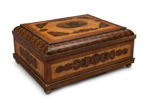 Antique continental micro mosaic timber box with gilt metal mounts and original purple silk interior, 19th century, 14cm high, 31cm wide, 25cm deep