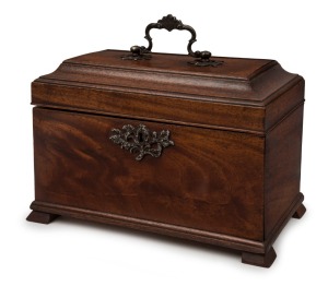 An antique Continental mahogany tea caddy, interior fitted with three zinc lined canisters, early 19th century, 17cm high, 24.5cm wide, 14cm deep