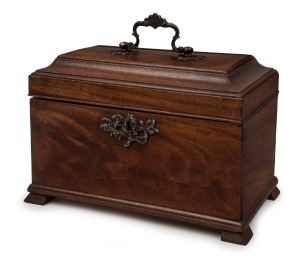 An antique Continental mahogany tea caddy, interior fitted with three zinc lined canisters, early 19th century,  ​​​​​​​17cm high, 24.5cm wide, 14cm deep 