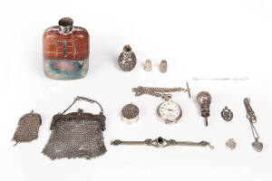 Group of silver & silver plated items including pocket watch & chain, mesh purses (2), pill box, thimbles (2), medallion & jewellery.