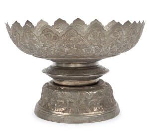 A Burmese coin silver lotus bowl, 20th century,  12.5cm high, 18cm wide, 302 grams