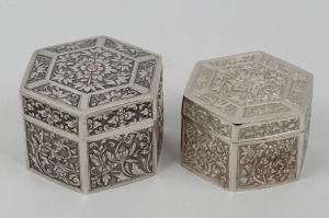 Two hexagonal Indian silver boxes, the larger 8.5cm wide, 260 grams total