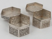 Two hexagonal Indian silver boxes, the larger 8.5cm wide, 260 grams total  - 2