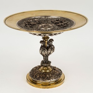 An antique French tazza, silvered bronze and copper titled SCHUBERT, 19th century, 22cm high, 26.5cm diameter