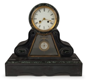 An antique French mantle clock in slate case with eight day time and strike movement, one piece enamel dial with Roman numerals, 19th century, 42cm high, 44cm wide