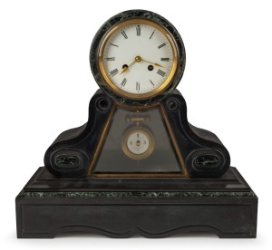 An antique French mantle clock in slate case with eight day time and strike movement, one piece enamel dial with Roman numerals, 19th century, ​​​​​​​42cm high, 44cm wide