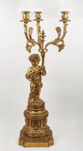 A pair of vintage Putti figural three branch candelabra with gilt painted finish, 20th century, an impressive 122cm high