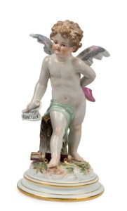 MEISSEN antique German porcelain Putti statue, 18th/19th century, blue crossed sword mark to base, 29cm high