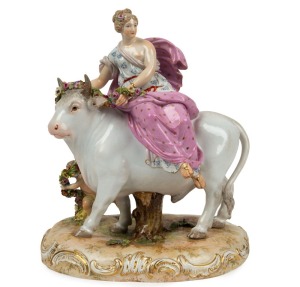 MEISSEN antique German porcelain Europa on a bull statue, 18th/19th century, blue crossed sword mark to base, 25cm high