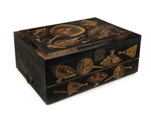 An antique Japanese lacquered writing box, made for the European market, circa 1870, ​​​​​​​20cm high, 47cm wide, 32cm deep