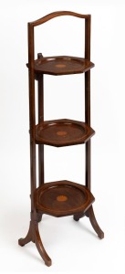 A Sheraton revival antique English three tier folding cake stand, walnut with marquetry decoration, early 20th century, ​​​​​​​82cm high