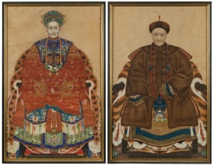 A pair of antique Chinese ancestor portrait paintings, Qing Dynasty, 19th century, ​​​​​​​84 x 53cm each overall