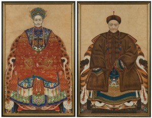 A pair of antique Chinese ancestor portrait paintings, Qing Dynasty, 19th century, 84 x 53cm each overall