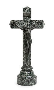 An antique French crucifix, variegated marble and bronze, 19th century, 59cm high