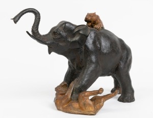 A Japanese bronze statue of an elephant being attacked by two tigers, 20th century, 22.5cm high, 34cm long