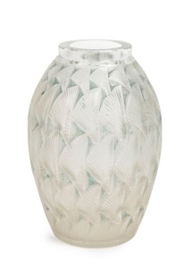 LALIQUE "GRIGNON" French Art Deco frosted glass vase with blue staining, circa 1930s, acid etched mark "R. LALIQUE, FRANCE", 18cm high