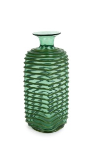 VENINI green Murano glass bottle vase with spiraling and trailing applied decoration, ​​​​​​​acid etched mark to base, 20cm high